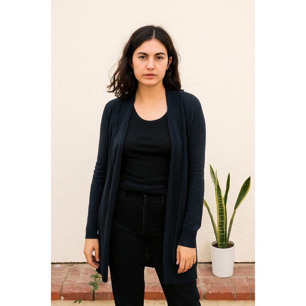AllSaints Wasson‎ Open Cardigan Womens 0 Black 100% Merino Wool Draped Back FLAW